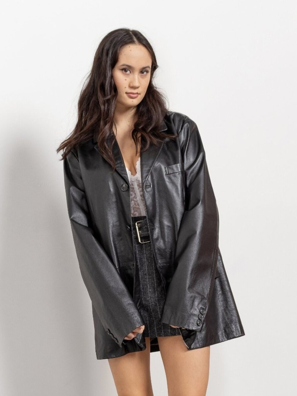 BLACK LEATHER TRENCH Vintage Menswear Fall Boxy Jacket / Medium Large